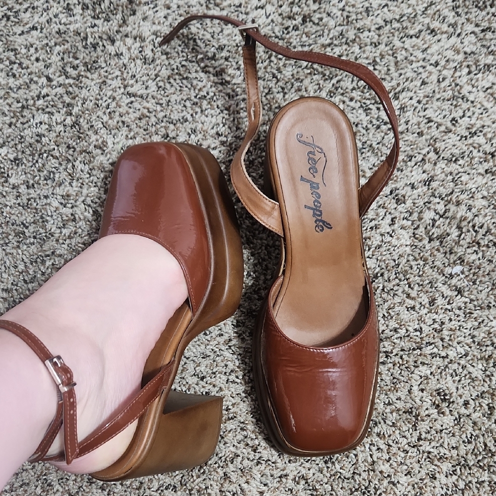 Free People Cognac Brown Patent Leather Platform Slingback Heels